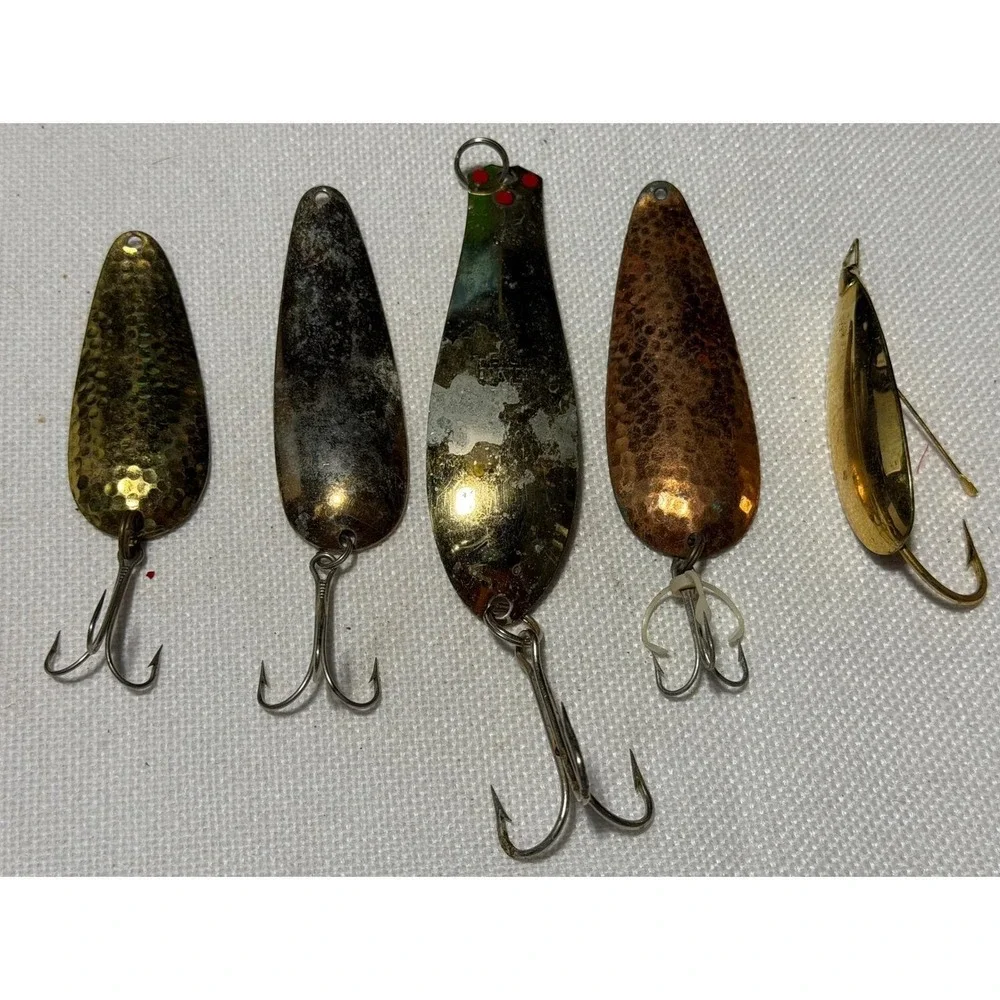 Vintage Nebco Flash Bait Johnson Silver Minnow Fishing Spoon Lure Lot 5pc Brass